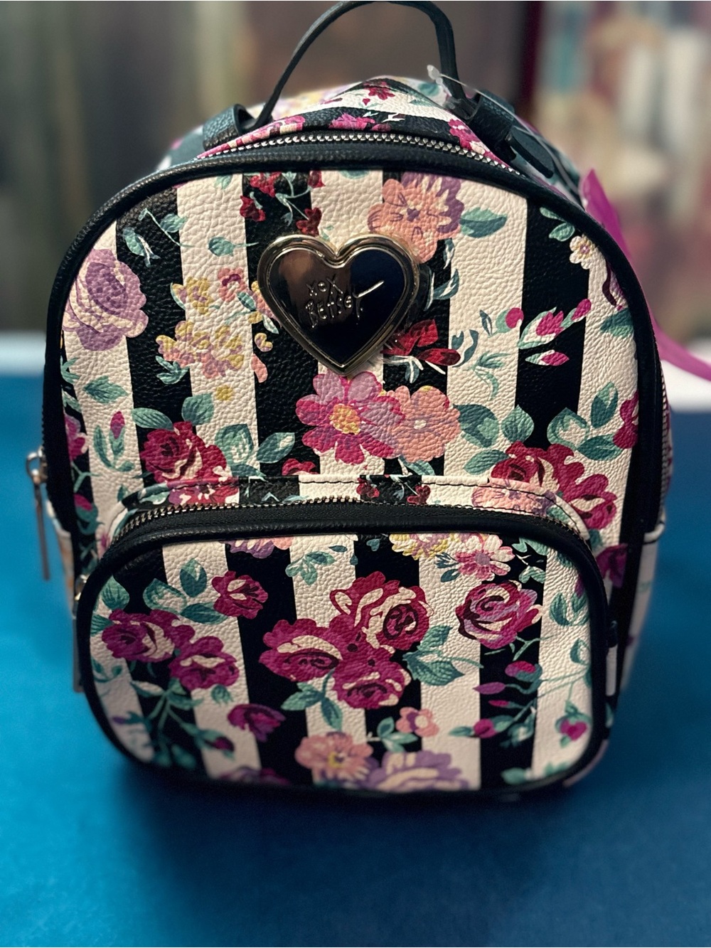 Betsey Johnson Black & Pink Floral Stripe Mini Backpack